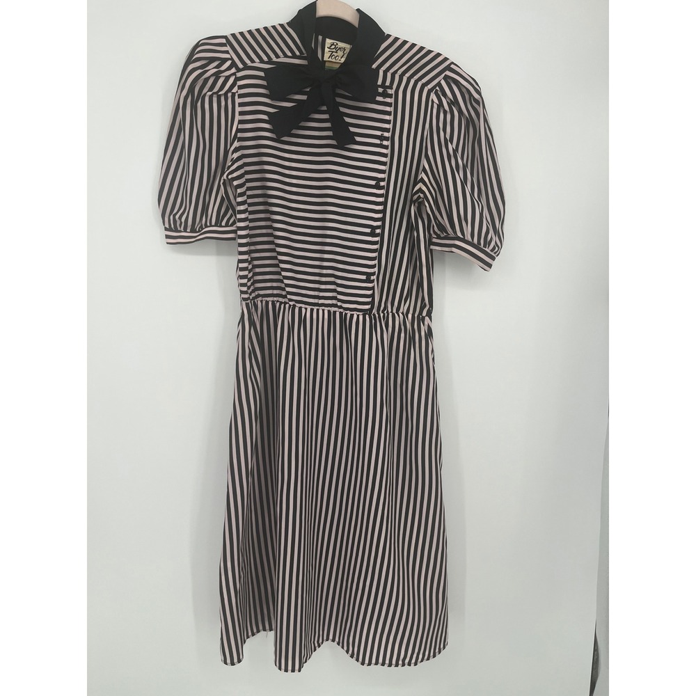 VTG Byer Too Striped Bow Collar Dress Women Jr 11 Pink Black Dark Academia Goth